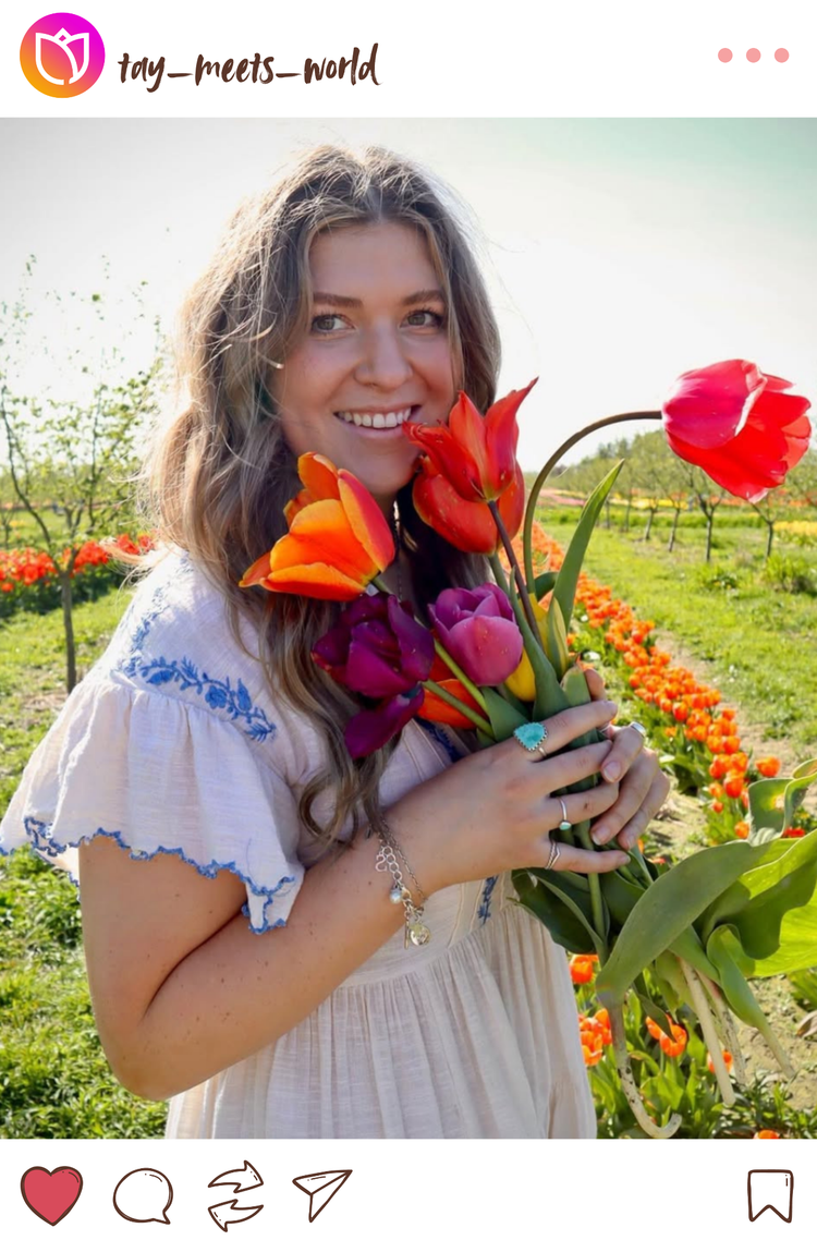 Instagram mockup of woman holding a bouquet of colorful tulips in a tulip field at Tulip Valley Farms