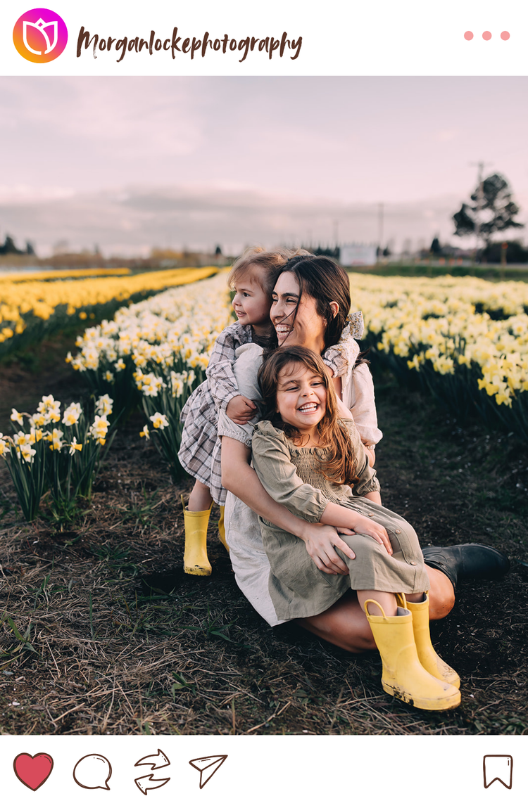 Instagram mockup of a woman and two children in yellow rain boots sitting in a field of daffodils during the Daffodil Festival at Tulip Valley Farms.