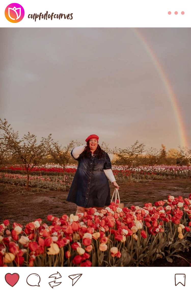 Instagram mockup of a woman standing in the tulip fields with a rainbow in the background at Tulip Valley Farms