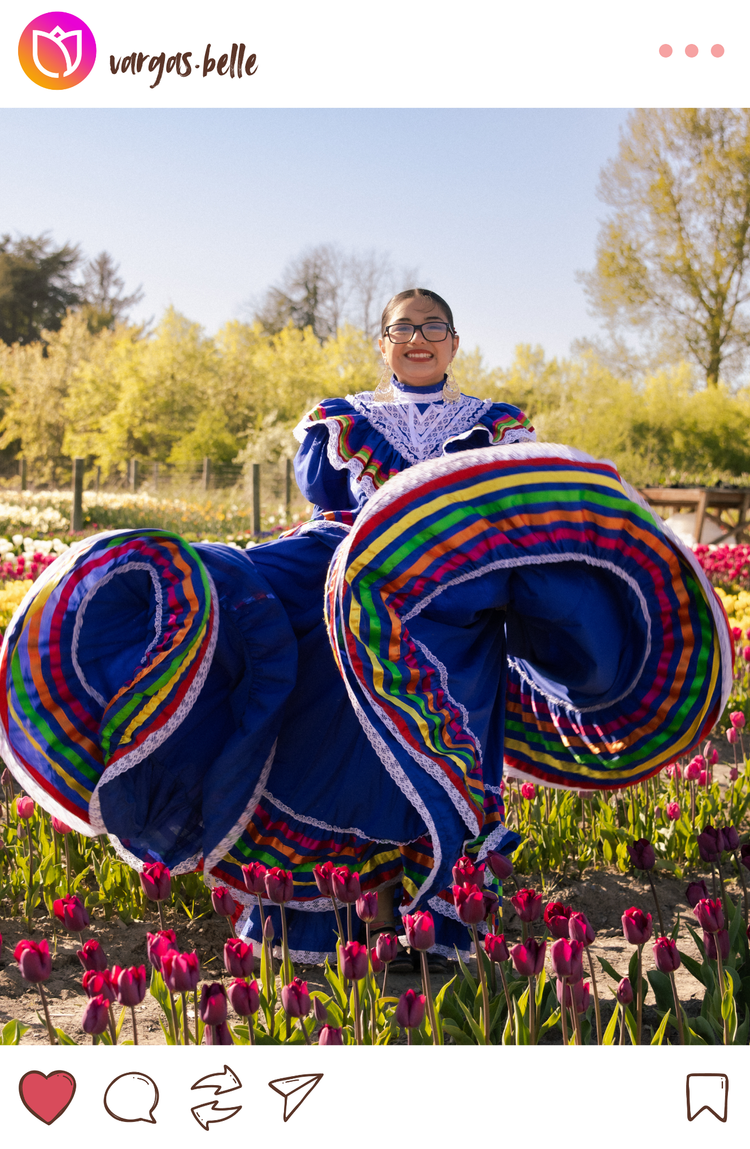 Instagram mockup of Traditional Latina dancer in the tulip fields at Tulip Valley Farms