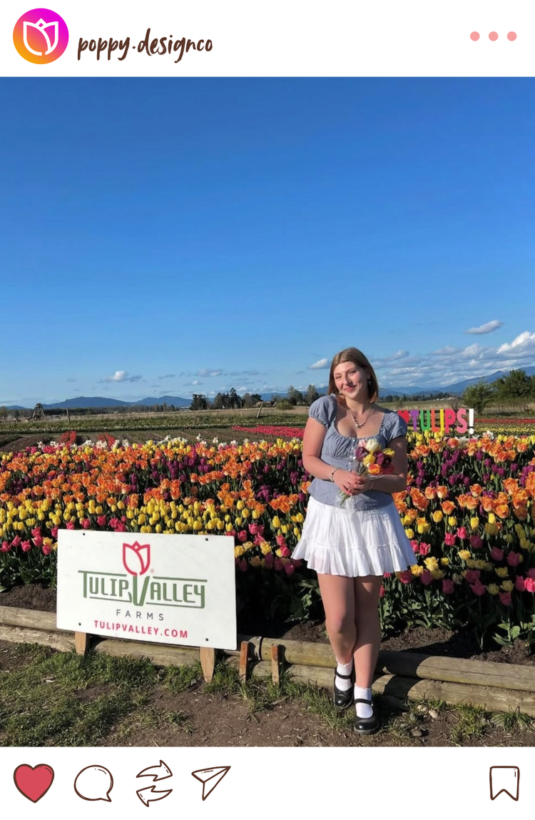 Instagram mockup of a woman standing in front of a tulip field with a 'Tulip Valley Farms' sign during the Tulip Festival at Tulip Valley Farms