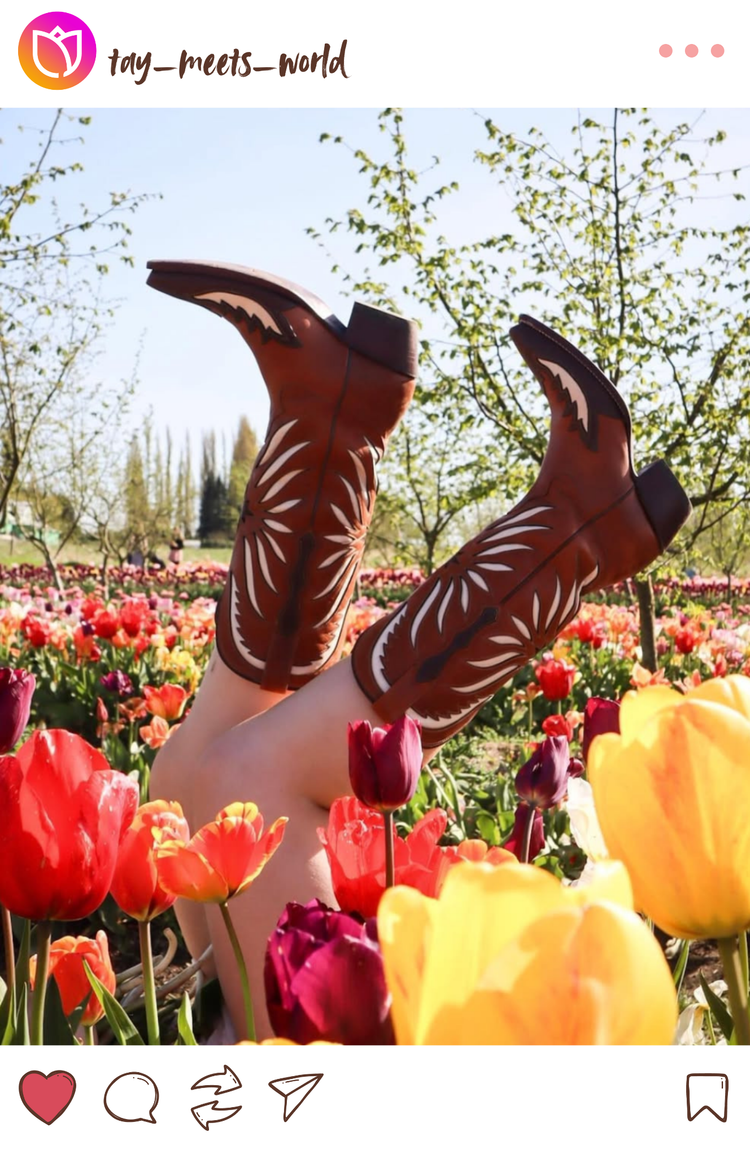 Instagram mockup of person wearing boots in the tulip fields at Tulip Valley Farms
