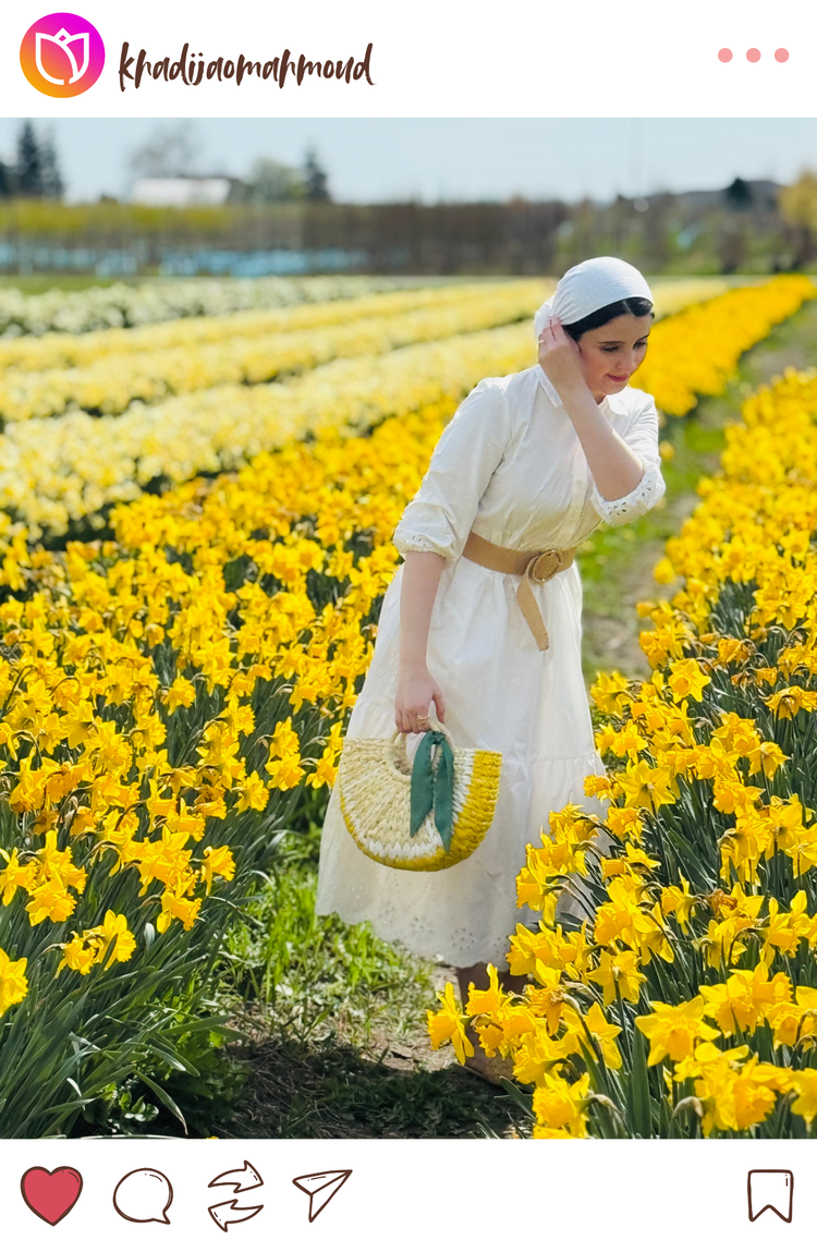 Instagram mockup of a woman in the daffodil field at Tulip Valley Farms