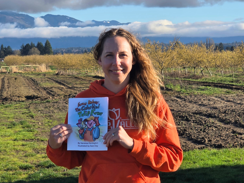 Vanessa Harrington with her new book "The Colorblind Tulip Farmer"
