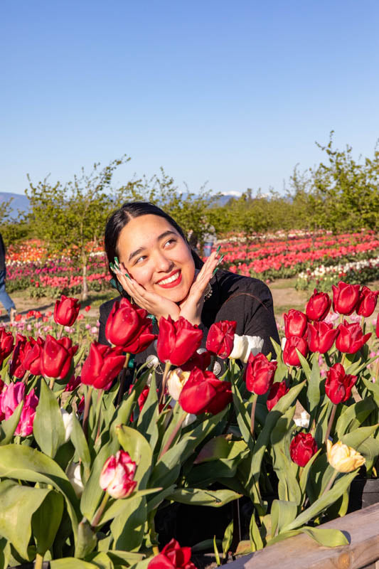 Tulip Valley Farms visitor sitting in the tulips during Tulip Festival