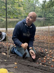 Tulip Valley Farms CEO Andrew Miller planting tulip bulb at Keukenhof